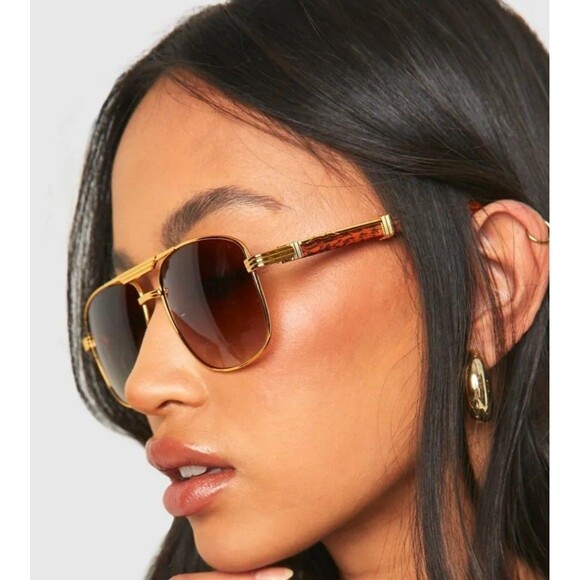 Sunglasses Gold Frame Aviator Plastic Wood Grain-Like Arms Retro Tinted Lens - Picture 2 of 6